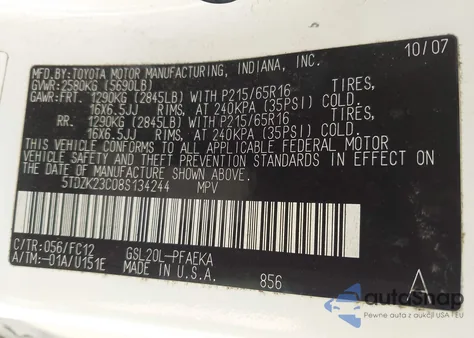 2008 Toyota Sienna Le from USA, damaged, VIN 5TDZK23C08S134244
